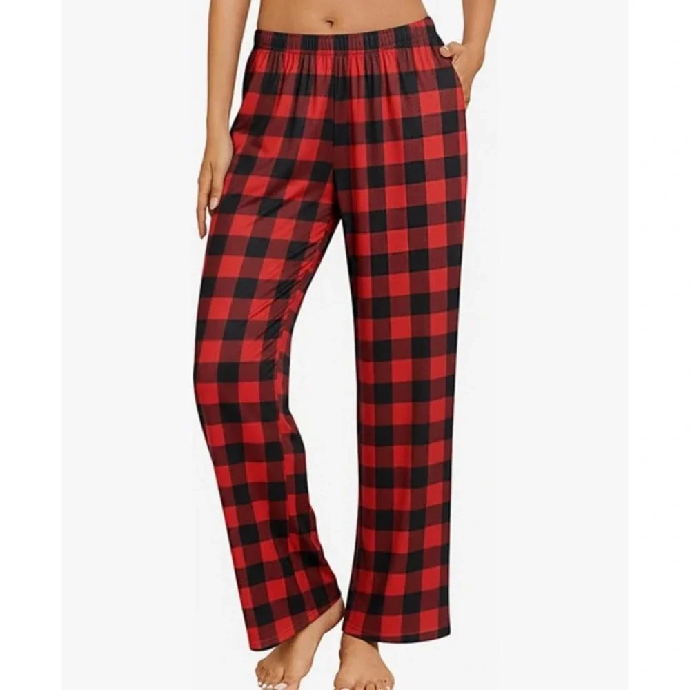 Ekouaer Pajama Pants for Women Wide Leg Lounge Pants – Black/Red – Size‎ Large